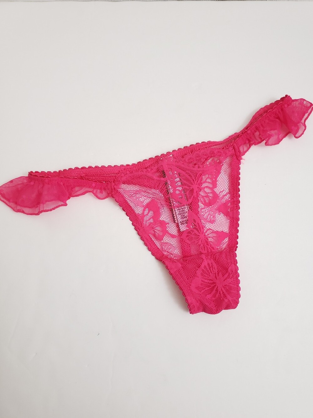 NWT Small Victoria's Secret Hot Pink Butterfly Print Lace Thong - Ruffle Trim